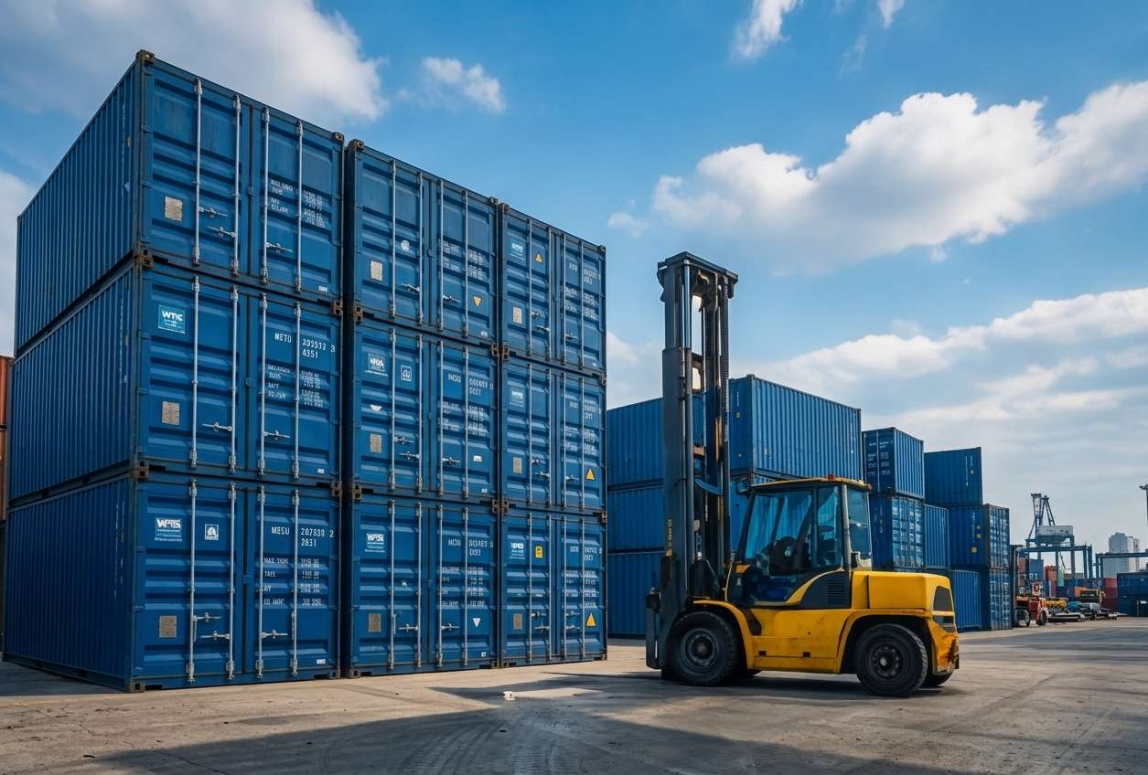 Shipping containers in a commercial yard